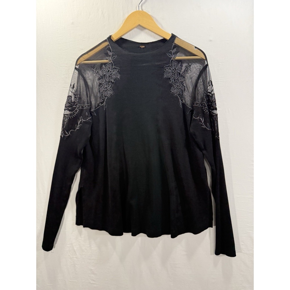 Free People Womens Medium Top Daniella Black Ribbed Lace Long sleeve Embroidered